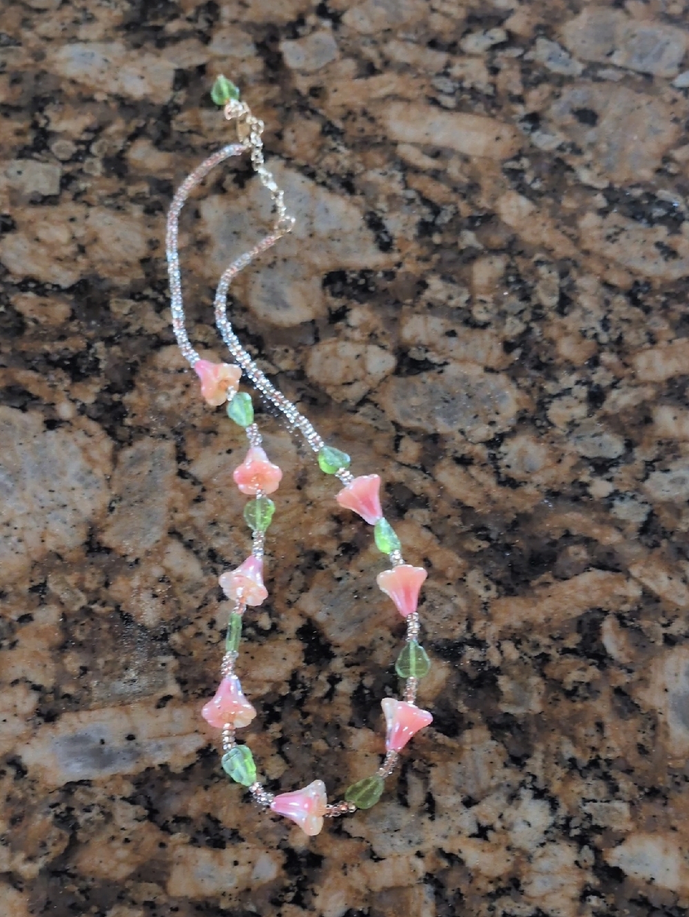 Delicate Pink Flower & Green Bead Necklace - Women's Jewelry